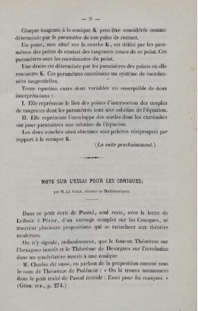 Note sur l´essai pour les coniques.