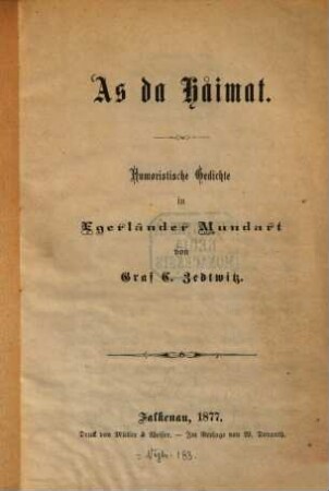 As da Håimat : Humoristische Gedichte in Egerländer Mundart