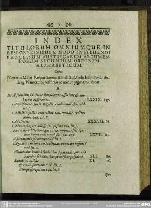 Index Titulorum Omniumque In Responsionibus & Modo Instruendi Processum Austregarum Argumentorum Secundum Ordinem Alphabeticum