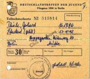 Teilnehmerkarte für das "Deutschlandtreffen der Jugend" 1950