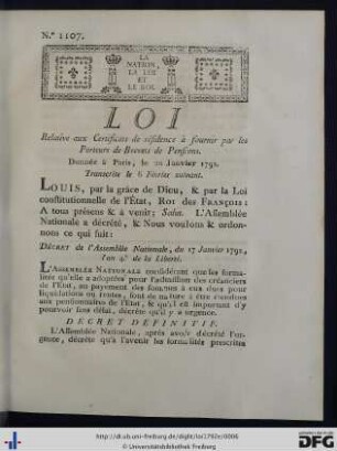 Loi Relative aux Certificats de résidence à fournir par les Porteurs de Brevets de Pensions.