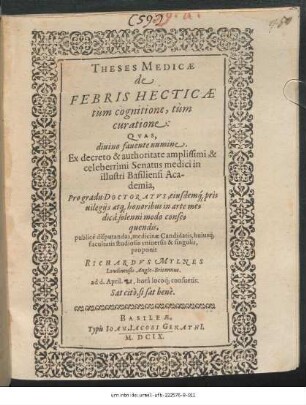Theses Medicae de Febris Hecticae tum cognitione, tum curatione