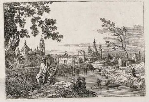 Italienische Idealveduten, II: Der Kanal an den Stadtbefestigungen in Padua mit der Porta Pontecorvo, der Kirche S. Giustina und einer anderen, S. Antonio ähnlich