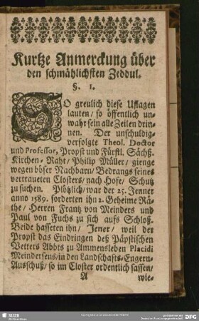 Kurtze Anmerckung über den schmählichsten Zeddul