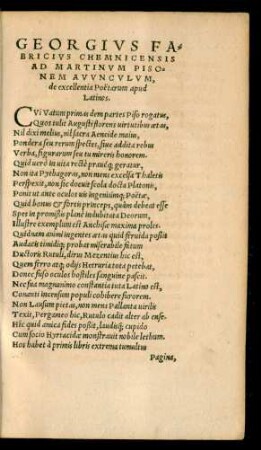 Georgius Fabricius Chemnicensis Ad Martinum Pisonem Avunculum, de excellentia Poetarum apud Latinos.
