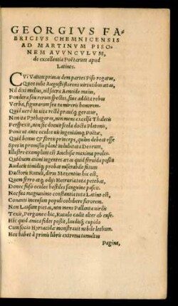 Georgius Fabricius Chemnicensis Ad Martinum Pisonem Avunculum, de excellentia Poetarum apud Latinos.