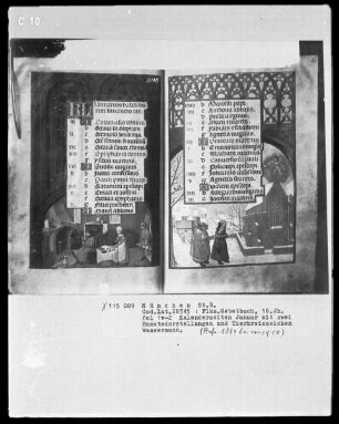 Flämisches Gebetbuch — Kalendar, Folio 1verso-13recto — Buchseite Januar mit Monatsbild - Sich aufwärmen am Kamin, Folio 1verso