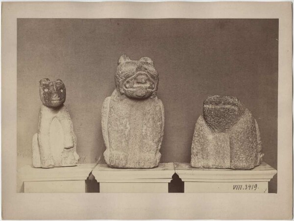 Three stone sculptures from the Uhde Collection: left: Coyote. 31.5 cm, width: 15.5 cm, depth: 19 cm. Centre: Jaguar, right: Frog