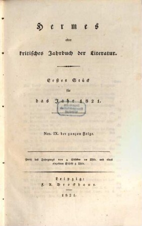 Hermes oder kritisches Jahrbuch der Literatur. 1821,1