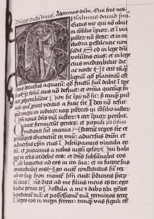 Breviarium Magdeburgensis. König David : Breviarium Magdeburgensis. Gebetbuch, Seite 265 mit Initiale B und Binnenzeichnung König David. Handschrift auf Pergament, Tusche, Gold, Deckfarbe; 20,5 x 14 cm. Wohl Magdeburg, 15. Jahrhundert. Leipzig: DB Buch- und Schriftmuseum, Internationale Buchkunst-Ausstellung 1965