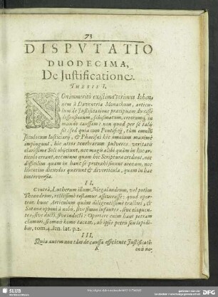 Disputatio Duodecima, De Justificatione