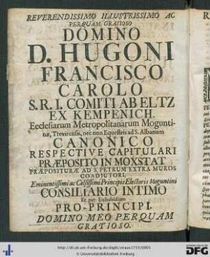 Reverendissimo Illustrissimo Ac Perquam Gratioso Domino D. Hugoni Francisco Carolo ...