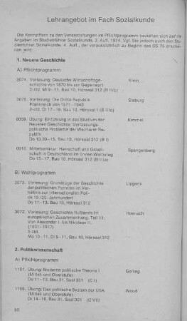 Lehrangebot im Fach Sozialkunde