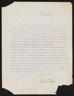 Brief von Julius Bab an Gerhart Hauptmann