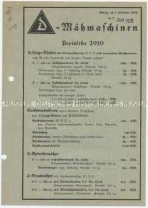 Preisliste über Mähmaschinen