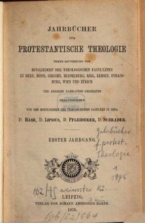 Jahrbücher für protestantische Theologie. 1. 1875