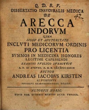 Dissertatio Inauguralis Medica De Arecca Indorum