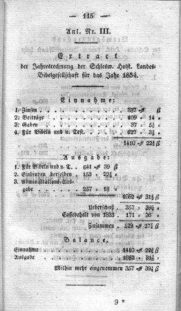 Anl. Nr. III. Extract der Jahresrechnung der Schlesw. Holst. Landes=Bibelgesellschaft für das Jahr 1834.