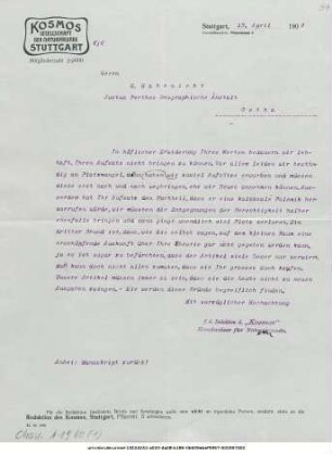 Brief von Kosmos Gesellschaft der Naturfreunde  an Hermann Habenicht an Justus Perthes' Geographische Anstalt  : Stuttgart, 13.04.1909