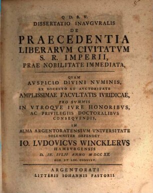 Dissertatio inauguralis de praecedentia liberarum civitatum S. R. Imperii, prae nobilitate immediata