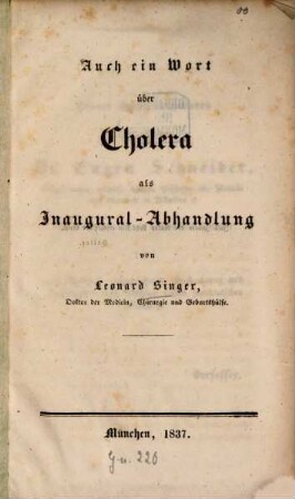 Auch ein Wort über Cholera : als Inaugural-Abhandlung