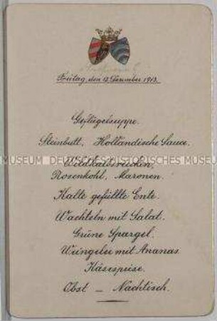 Speisekarte von Freitag den 12. Dezember 1913