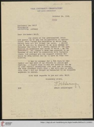 Briefe von Frank Schlesinger an Max Wolf: Brief von Frank Schlesinger von Yale University. Observatory an Max Wolf