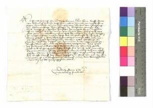 Ulrich Graf von Württemberg an Kraft von Hohenlohe gegenüber Ulrich von Rechberg auf Hohenrechberg; aufgedr. Siegel.