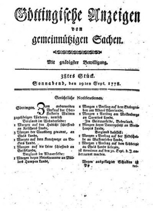 38tes Stück. Sonnabend, den 19ten Sept. 1778.