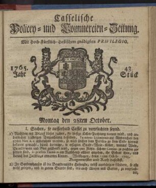 43. Stueck, Montag den 28ten October 1765
