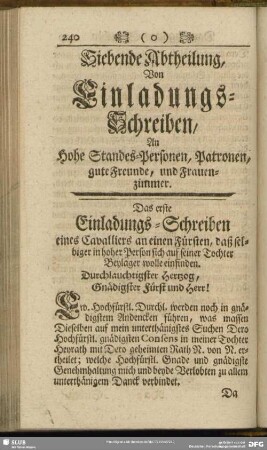 Siebende Abtheilung, Von Einladungs-Schreiben, An Hohe Standes-Personen, Patronen, gute Freunde, und Frauenzimmer