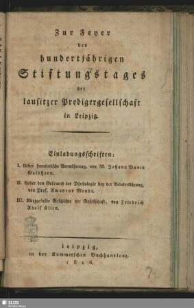 Zur Feyer des hundertjährigen Stiftungstages der lausitzer Predigergesellschaft in Leipzig