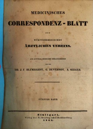 Medicinisches Correspondenzblatt des Württembergischen Ärztlichen Vereins. 5. 1835