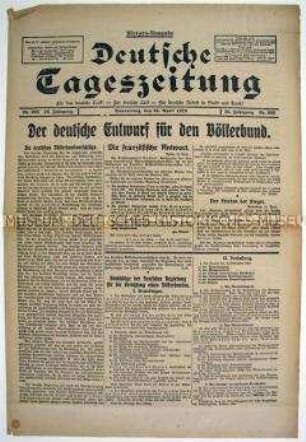 "Deutsche Tageszeitung" zu den Vorschlägen Deutschlands für die Satzung des Völkerbundes