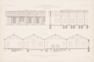 Werkstattgebäude der Königlich Niederschlesisch-Märkischen Eisenbahn, Berlin: Ansicht, Längsschnitt, Querschnitt (aus: Atlas zur Zeitschrift für Bauwesen, hrsg. v. G. Erbkam, Jg. 21, 1871)