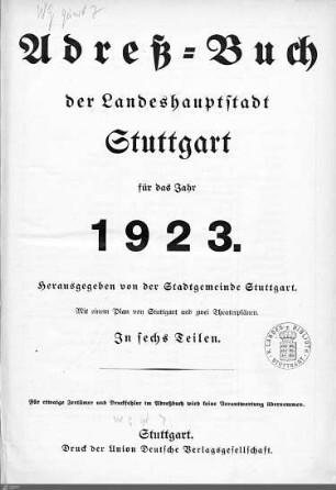 1923: Stuttgarter Adressbücher, 1923