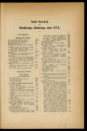 Inhalts-Verzeichniß des Nachtrags-Katalogs von 1874.