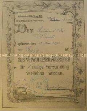 Besitzzeugnis für das Verwundeten-Abzeichen für den Leutnant Johannes Paul; Werdau, 13.März 1919