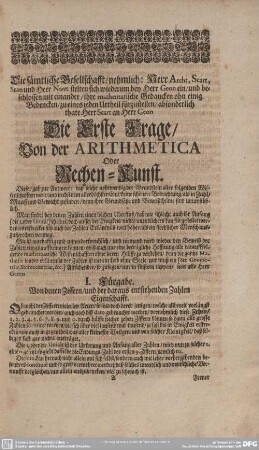 Die Erste Frage/ Von der ARITHMETICA oder Rechen-Kunst.