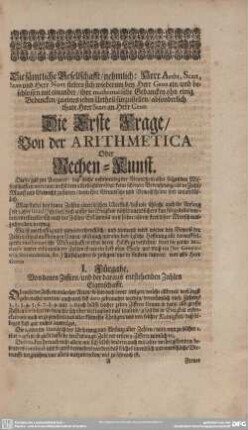 Die Erste Frage/ Von der ARITHMETICA oder Rechen-Kunst.