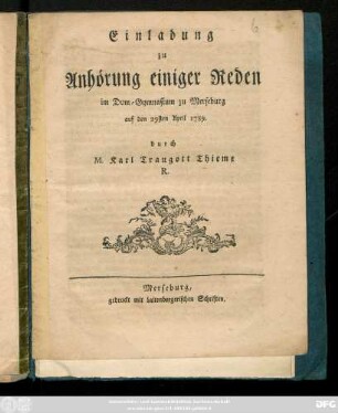 Einladung zu Anhörung einiger Reden im Dom-Gymnasium zu Merseburg auf den 29sten April 1789