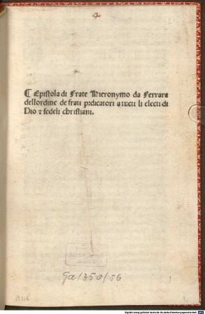 Epistola a tutti gli eletti di dio e fedeli christiani : Florenz, 1497.05.08