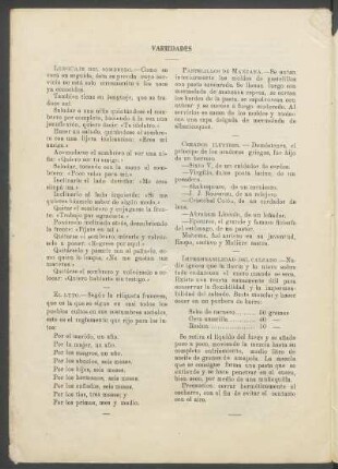 Variadades : Lenguaje del sombrero. [y] El luto. [y] Pastelillos de manzana. [y] Creados ilustres. [y] Impermeabilidad del calzado.