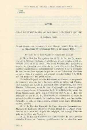 XCVII Gran Bretagna - Francia - Regno delle Due Sicilie 14 febbraio 1838