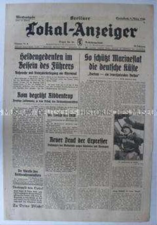 Tageszeitung "Berliner Lokal-Anzeiger" u.a. zum Besuch von Außenminister von Ribbentrop in Italien