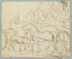 Esel und Pferd, beide Wagen ziehend