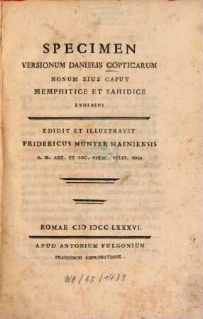 Specimen versionum Danielis copticarum IX eius caput ... exhibens