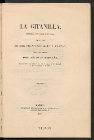 La gitanilla : zarzuela en un acto y en verso