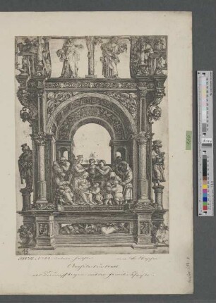 [Architekturblatt als Triumphbogen mit der Familie Christi]