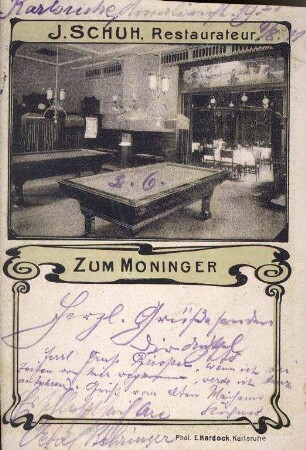 Postkartenalbum. "J. Schuh, Restaurateur - Zum Moninger". Gasthaus Zum Moninger